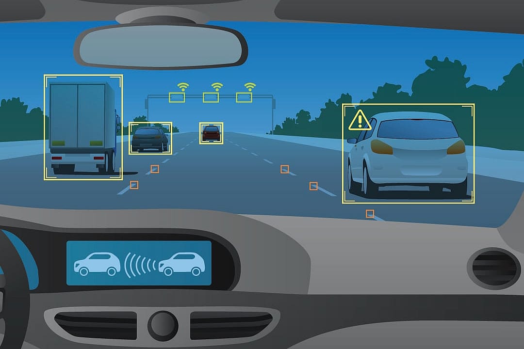 A vector illustration of a vehicle head up display (HUD) that project key driving data into line of sight on the windshield.